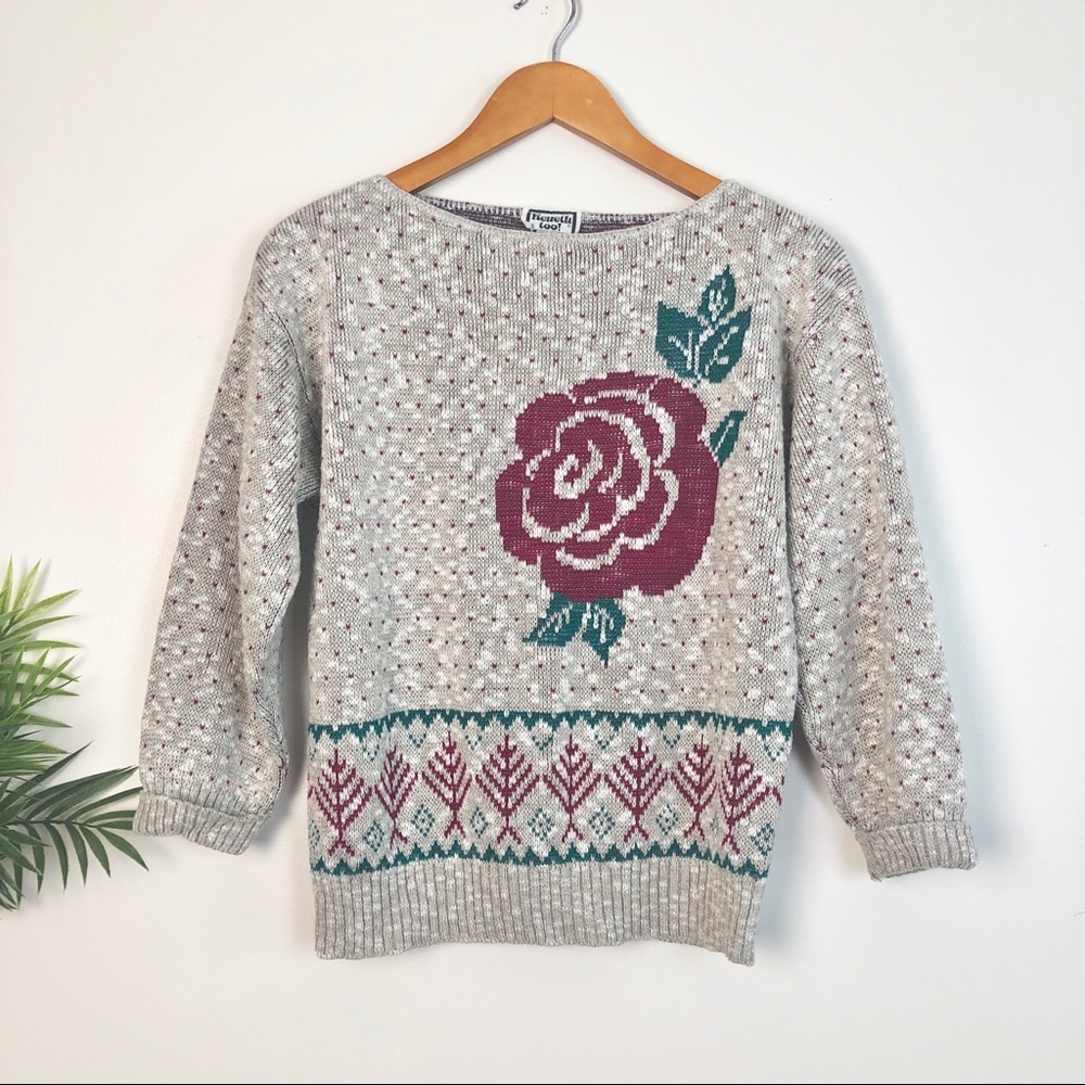 1980s Cropped Graphic Knit Boatneck Sweater